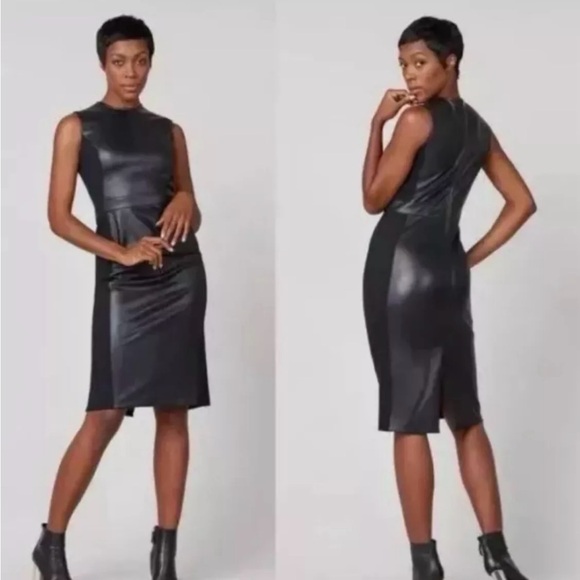SPANX Faux Leather Combo Midi Sheath Dress Stretch With Zipper NWT SPANX Black - Picture 1 of 4